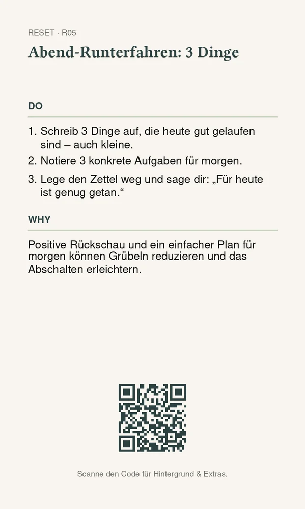 Rückseite Abend-Runterfahren: 3 Dinge